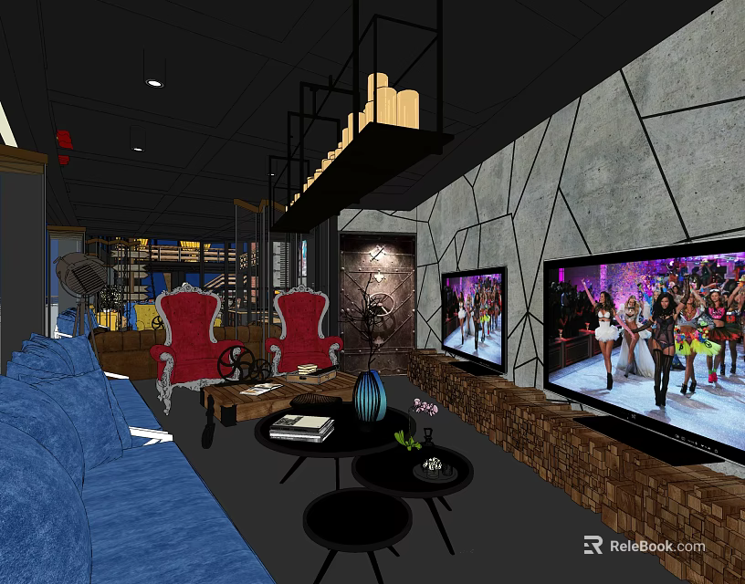 Hotel Public Lounge Area With Blue Sofas Red Armchairs Black Coffee Tables And TV Screens 3d model 