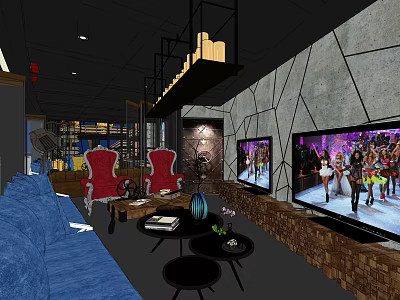 Hotel Public Lounge Area With Blue Sofas Red Armchairs Black Coffee Tables And TV Screens 3d model