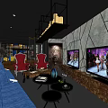 Hotel Public Lounge Area With Blue Sofas Red Armchairs Black Coffee Tables And TV Screens