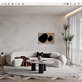 Modern Living Dining Interior With White Sofa Round Table And Textured Wall 3d model