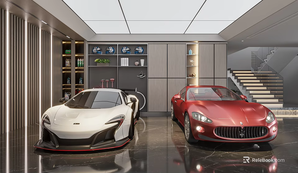 Luxury Garage Interior With White And Red Sports Cars Storage Cabinets Staircase And Shelves 3d model 