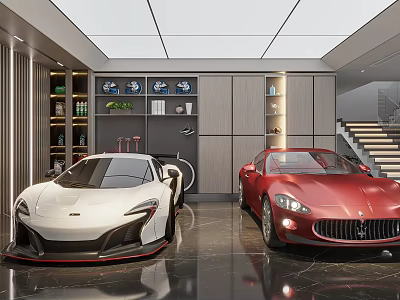 Luxury Garage Interior With White And Red Sports Cars Storage Cabinets Staircase And Shelves 3d model