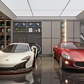 Luxury Garage Interior With White And Red Sports Cars Storage Cabinets Staircase And Shelves
