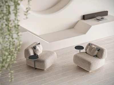 Minimalist Beige Sofa and Coffee Table Set with Plush Cushions Curved Wall Light Wood Floor 3d model