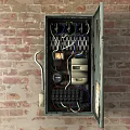 Open Old Electrical Control Panel On Brick Wall With Wires Switches And Meters
