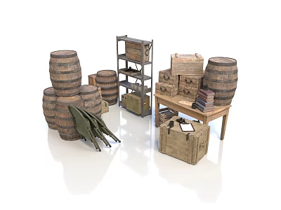 Vintage Rustic Daily Living Supplies Collection With Wooden Barrels Shelf Crates Books And Umbrellas 3d model