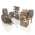 Vintage Rustic Daily Living Supplies Collection With Wooden Barrels Shelf Crates Books And Umbrellas