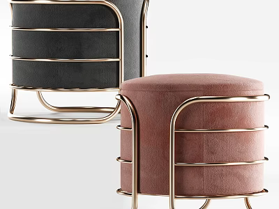 Modern Stylish Sofa Stools With Black Pink Velvet And Gold Metal Frames 3d model