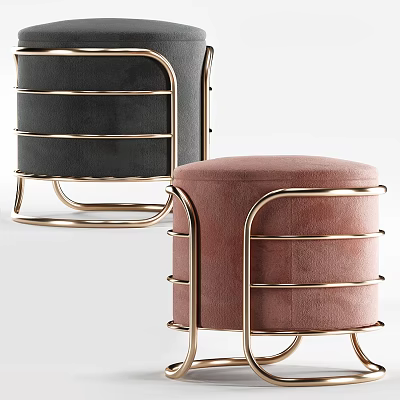 Modern Stylish Sofa Stools With Black Pink Velvet And Gold Metal Frames 3d model