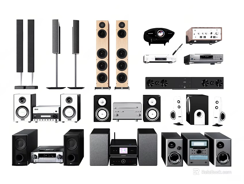 Modern Headphones and Audio Speakers Featuring Various Home Audio Systems and Components 3d model 