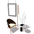 Brown Curved Leisure Chair With Copper Legs Framed Art Potted Plant And Side Table