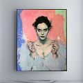 Oil Painting Female Portrait with Hands on Head Wearing Dark Tank Top Pink Background Brushstrokes