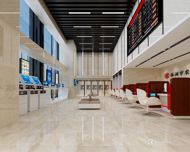 Modern Service Hall Interior With Service Windows Waiting Seats Electronic Displays And Marble Floors 3d model 