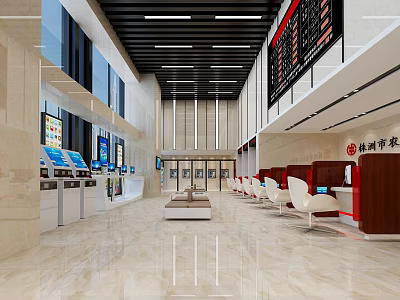 Modern Service Hall Interior With Service Windows Waiting Seats Electronic Displays And Marble Floors 3d model