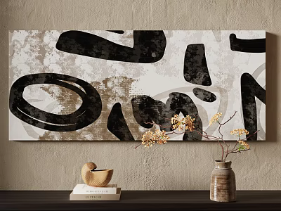 Abstract Painting With Black Irregular Shapes And White Textured Background On Wall With Decorative Vase 3d model