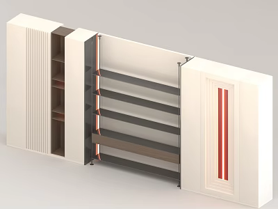 Modern Foldable Feature Wall With White Frame Black Horizontal Strips Internal Shelves And Red Accents 3d model