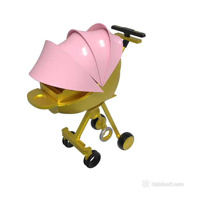 Pink And Gold Baby Stroller Design With Canopy And Black Wheels 3d model 