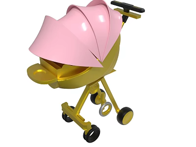 Pink And Gold Baby Stroller Design With Canopy And Black Wheels 3d model