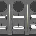 Three Modern Washbasins With Round Mirrors On Marble Wall And LED Strip Lighting