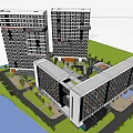 Modern High Rise Office Buildings With Contemporary Facade And Surrounding Greenery