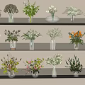 Various Decorative Flower Vases With Mixed Flowers And Greenery On Illuminated Shelves