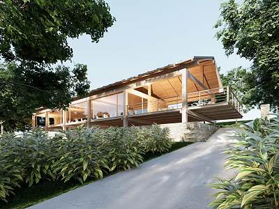 Modern Wooden House with Open Structure Terrace Surrounded by Greenery and Trees on Slope 3d model