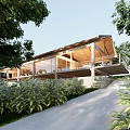 Modern Wooden House with Open Structure Terrace Surrounded by Greenery and Trees on Slope
