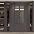 Modern Dark Gray Wardrobe Interior With Glass Doors LED Lighting Open Shelves And Drawers