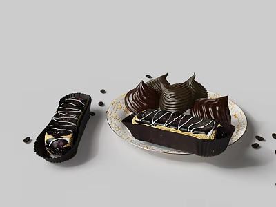 Delicious Chocolate Desserts With Decorative Shapes Whipped Cream And Scattered Crumbs 3d model