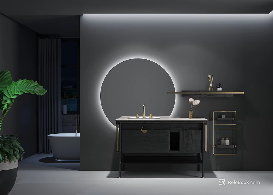Modern Bathroom Vanity Cabinet With Dark Wood Design Round Illuminated Mirror And Metal Shelf 3d model 