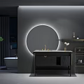 Modern Bathroom Vanity Cabinet With Dark Wood Design Round Illuminated Mirror And Metal Shelf