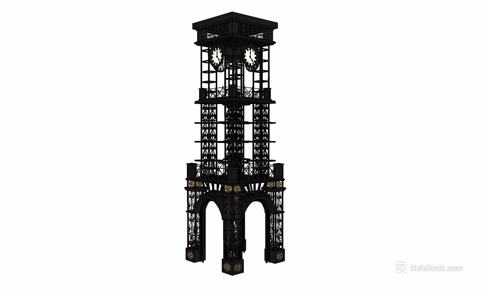 Black Ornate Tower With Clock Faces Intricate Design And Arched Base 3d model 