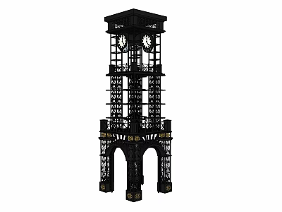 Black Ornate Tower With Clock Faces Intricate Design And Arched Base 3d model