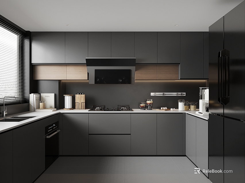 Modern Kitchen Interior Design With Dark Gray Cabinets White Countertops And Black Appliances 3d model 