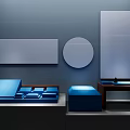 Sleek Display Shelves Featuring LED Lights And Blue Items On Modern Platforms In Retail Store