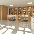 Neat Specialty Store Interior With Wooden Shelves Glass Display Cases And Computer Desk