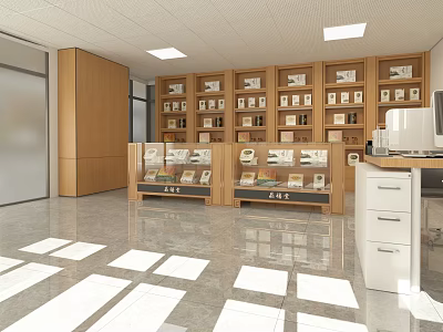 Neat Specialty Store Interior With Wooden Shelves Glass Display Cases And Computer Desk 3d model