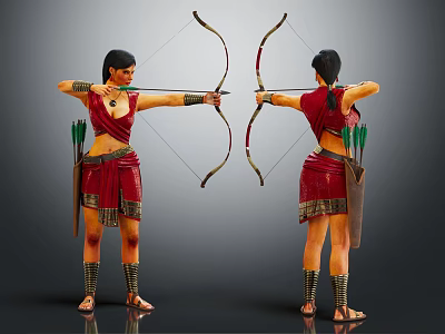 Two Female Archers In Traditional Red Outfit With Longbow And Arrow Quiver Front Back View 3d model