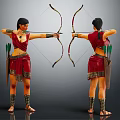 Two Female Archers In Traditional Red Outfit With Longbow And Arrow Quiver Front Back View