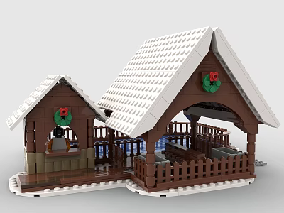 Brown Building Blocks House Model With White Roof Red Holly Wreath And Fence 3d model