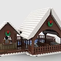 Brown Building Blocks House Model With White Roof Red Holly Wreath And Fence