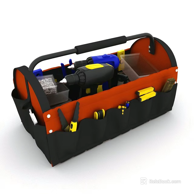 Orange And Black Tool Bag Organizer With Drill Scissors Tape Measure And Tools 3d model 