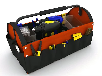 Orange And Black Tool Bag Organizer With Drill Scissors Tape Measure And Tools 3d model