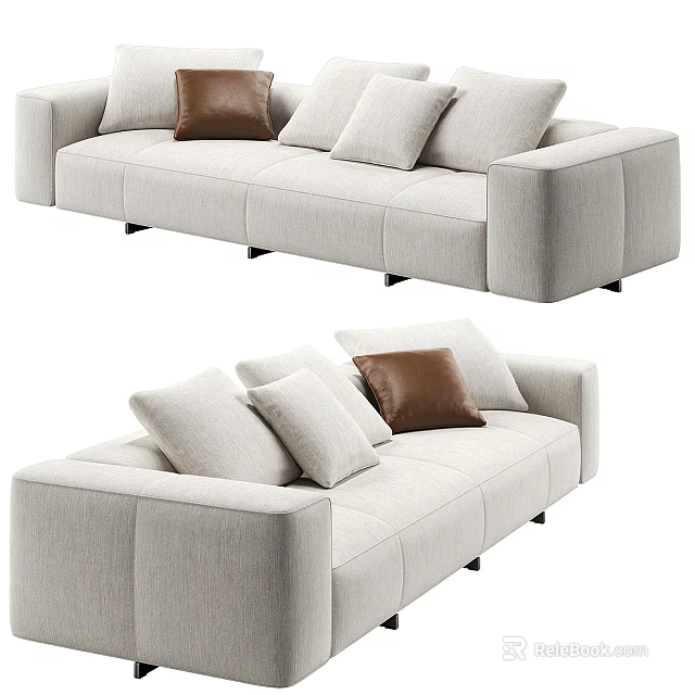 Modern Light Beige Fabric Multi Seater Sofa With Soft Cushions And Brown Accent Pillow 3d model 