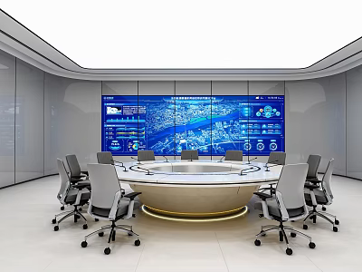Modern Futuristic Round Conference Table With Ergonomic Office Chairs In Smart High Tech Meeting Room 3d model