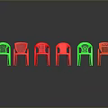 Bright Red And Green Plastic Single Chairs With Backrest And Armrests Arranged In A Row