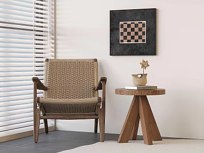 Rattan Leisure Chair With Wooden Frame And Side Table By Window Blinds And Wall Art 3d model