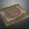 Green Plants Growing Around Circular Red Brick Structure On Stone Slab With Fallen Leaves