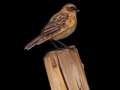Small Brown And Yellow Bird Perched On Wooden Stump Against Black Background 3d model