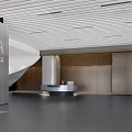 Modern Lobby Front Desk Reception With Sofas Columns Wooden Walls And Seated Person